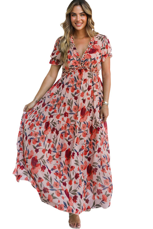 Fiery Red Floral Print Frilled V Neck Short Sleeve Maxi Dress
