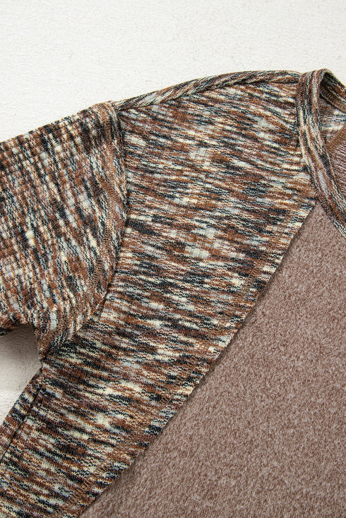 Dark Khaki Contrast Trim V Neck Long Sleeve Patchwork Loose Top