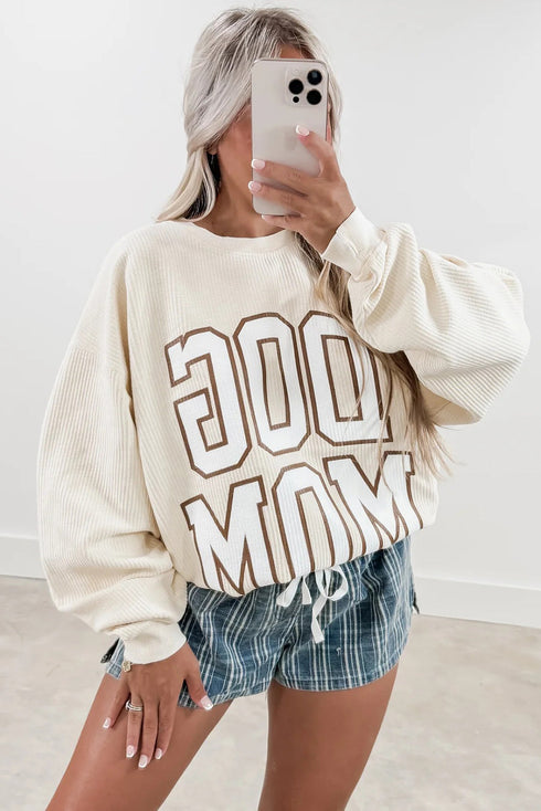 Beige Ribbed Texture DOG MOM Letter Print Oversize Sweatshirt