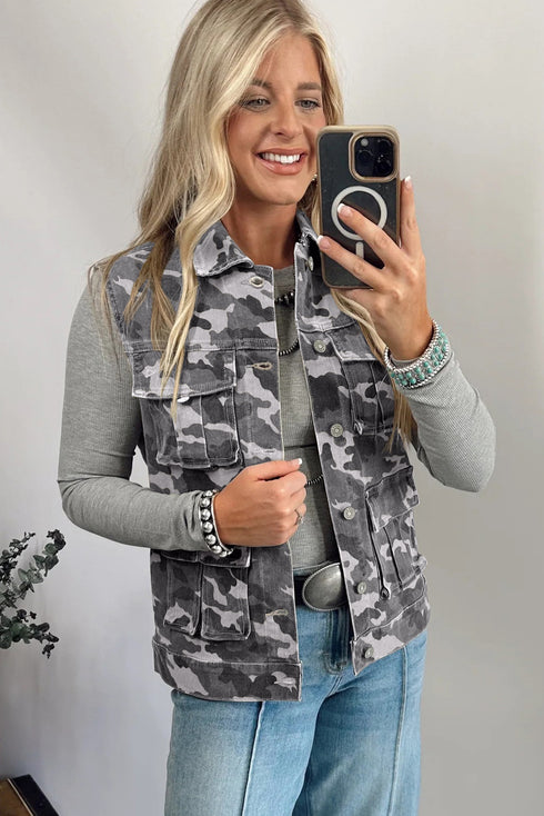Gray Camo Cargo Denim Vest