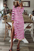 Rose Stripe Striped Print Contrast Edge Long Sleeve Midi Dress with Side Splits