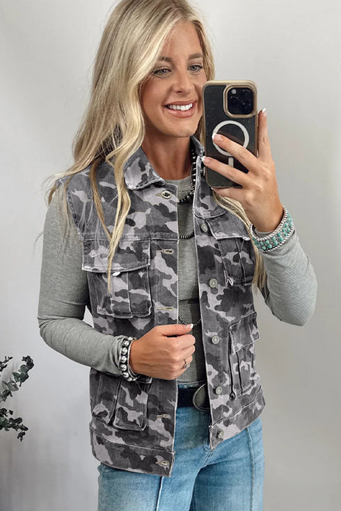 Gray Camo Cargo Denim Vest
