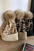 Light French Beige Faux Fur Pompom Leopard Knit Beanie