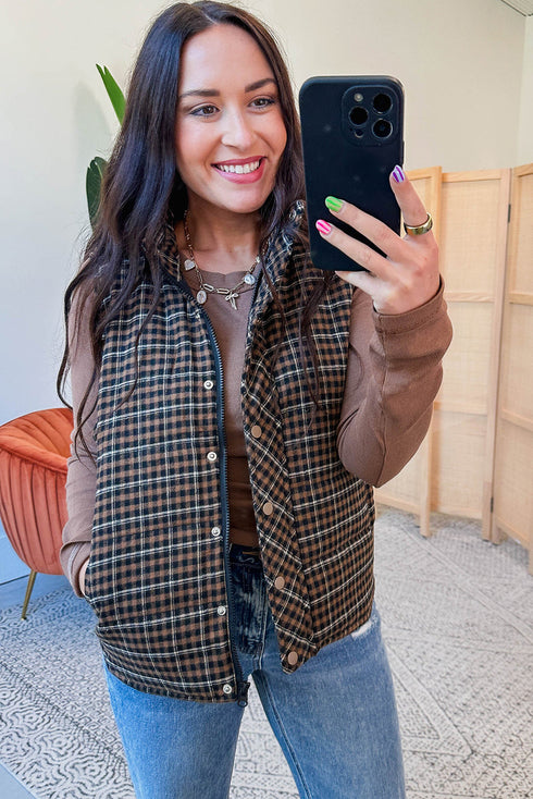 Green Retro Plaid Snap Button Zip Up Winter Vest