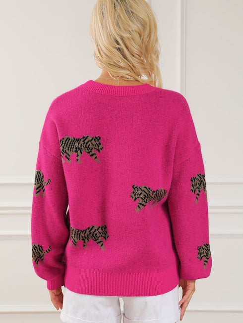rose-red-fierce-animal-pattern-casual-knitted-sweater