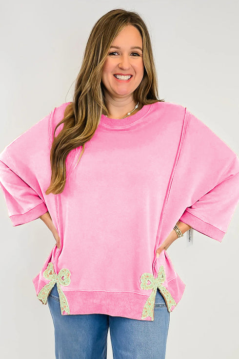 Pink Floral Bow Patched Exposed Seam Patchwork Slit Baggy Sweatshirt