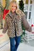 Brown Sherpa Leopard Print Flap Pocket Collared Button Up Jacket