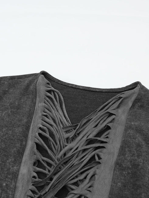 black-fringed-hem-pocketed-open-cardigan