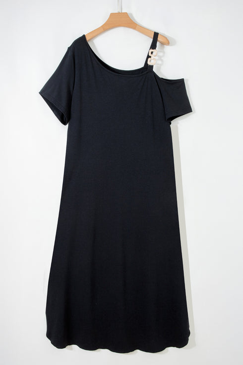 Black Asymmetric Shoulder Detail Short Sleeve Plus Size Maxi Dress