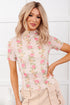 Beige Floral Print Mock Neck Short Sleeve Mesh Top