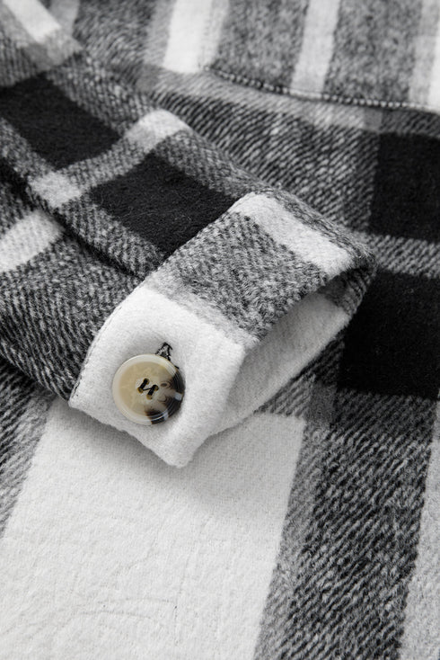 Gray Plaid Color Block Buttoned Long Sleeve Jacket with Pocket