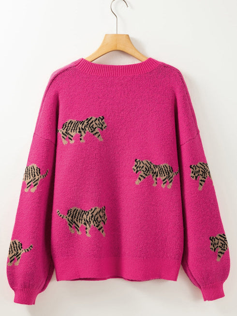 rose-red-fierce-animal-pattern-casual-knitted-sweater