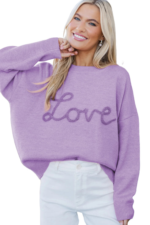 Orchid Petal Corded Love Script Graphic Baggy Sweater