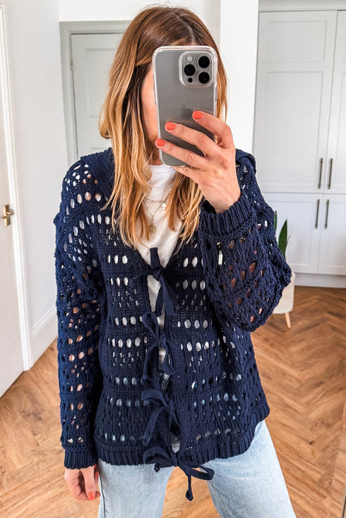 Navy Blue Crochet Tie Front Cardigan