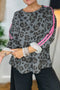 Gray Leopard Print Varsity Striped Trim Long Sleeve Top