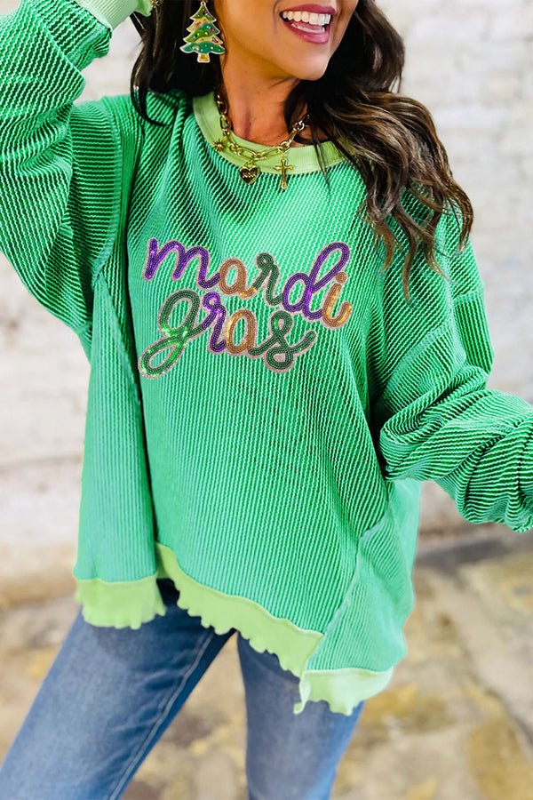 Bright Green Twisted Ribbed mardi gras Sequin Graphic Exposed Seam Patchwork Pullover Top