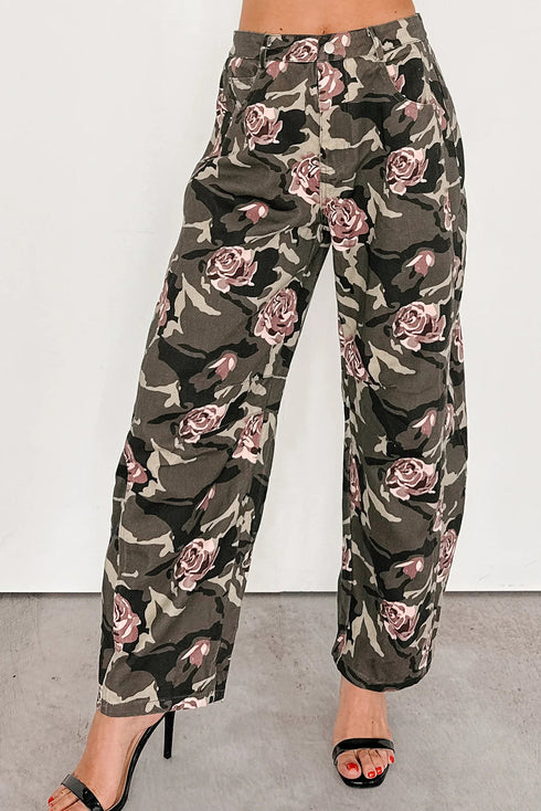 Green Camouglage Floral Print Boyfriend Casual Pants