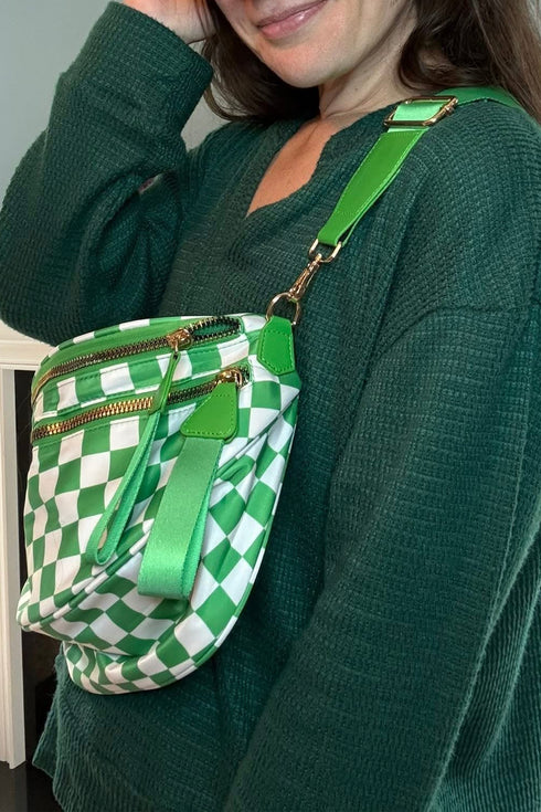 Green Checkered Print Wide Strap Large Crossbody Bag