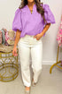 Phalaenopsis Stitched Detail V Neck Puffy Half Sleeve Blouse