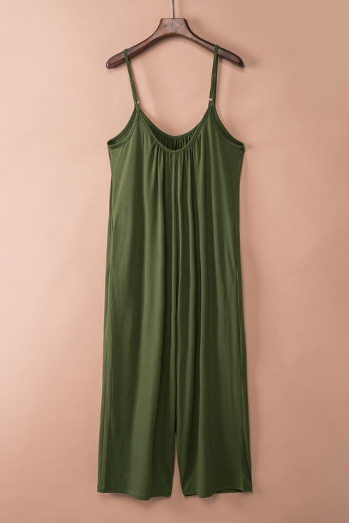 Green Spaghetti Straps Wide Leg Pocketed Jumpsuits