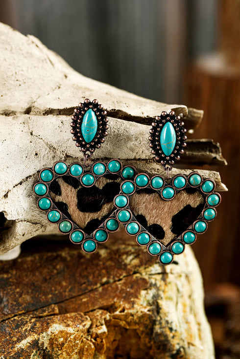 Turquoise Studded Leopard Insert Heart Dangle Earrings