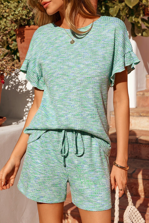 Moonlight Jade Heather Textured Ruffle Sleeve Top and Drawstring Shorts Set