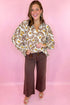 Khaki Abstract Floral Print Tassel Tie Neck Long Sleeve Blouse