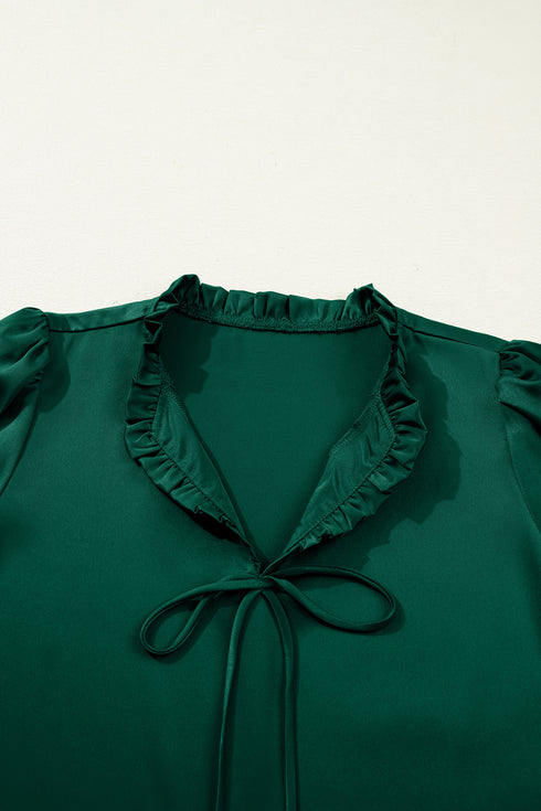 Blackish Green Solid Color Frilled V Neck Bow Detail 3/4 Sleeve Blouse