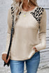Beige Leopard Print Detail Round Neck Long Sleeve Top