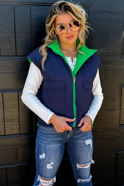 Green Color Block Liner Patchwork Snap Button Zip Up Winter Vest