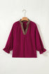 Violet Leopard Trim V Neck Flounced Bracelet Sleeve Blouse