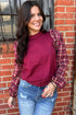 Red Dahlia Plaid Ruffled Puff Sleeve Patchwork Crew Neck Sweater
