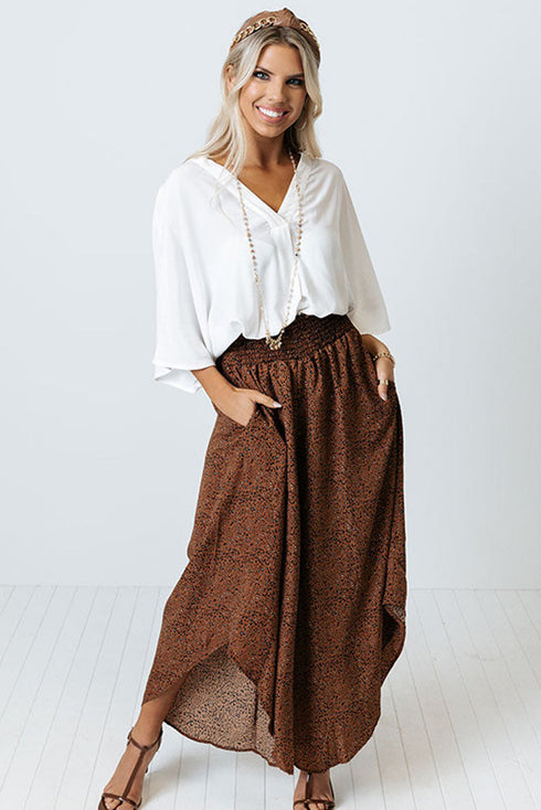 Brown Leopard High Rise Smocked Waistband Curved Hem Wide Leg Pants