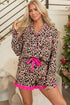 Light French Beige Leopard Print Contrast Trim Long Sleeve Shirt Drawstring Ruffle Hem Short Set