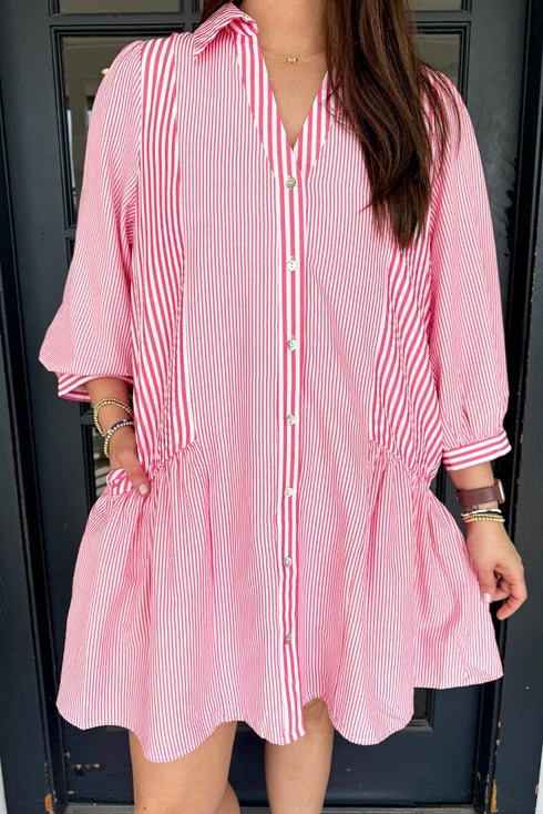 Pink Stripe Long Sleeve Button Front Ruffled Hem Plus Size Mini Shirt Dress