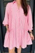 Pink Stripe Long Sleeve Button Front Ruffled Hem Plus Size Mini Shirt Dress