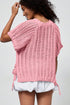 Pink Plus Size Open Knit Bow Tie Short Sleeve Sweater