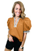 Buckskin Contrast Leopard Trim Split Neck Puff Sleeve Blouse