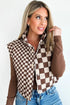 Brown Mixed Checkerboard Stitched Zip Up Stand Neck Snap Button Vest
