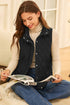 Black Flower Shape Quilted Snap Button Zip Up Winter Vest