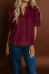 Burgundy Rivet Embellished V Neck Short Puff Sleeve Blouse