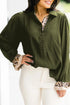 Blackish Green Contrast Leopard Print Patchwork Polo Collar Buttons Front Ruffled Long Sleeve Blouse