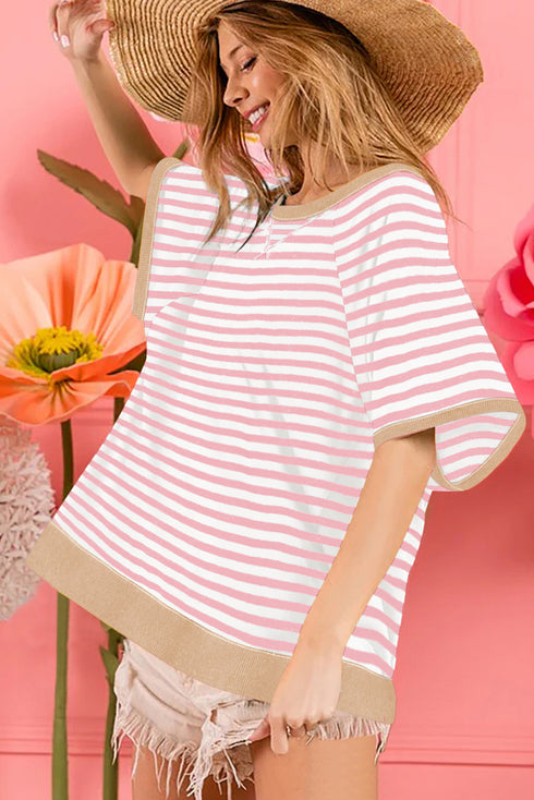 Apricot Stripe Contrast Ribbed Patchwork Oversize T Shirt