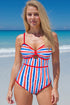 Red July 4th Stripes Star Floral Impression Cutout Spaghetti Straps One Piece Swimsuit