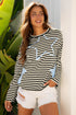 Black Stripe Starry Patch Drop Shoulder Raw Edge Casual Knit Top
