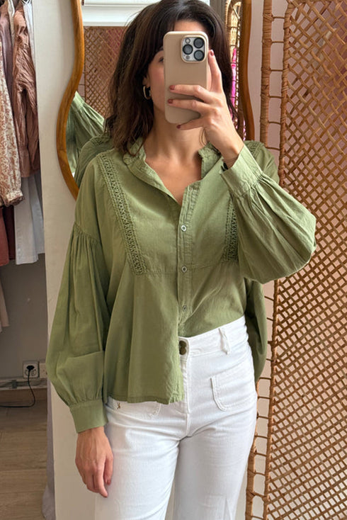 Grass Green Drop Shoulder Puff Sleeve Lace Detail Button Down Shirt