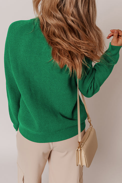 Dark Green Chunky Buttoned Front Round Neck Cardigan Sweater