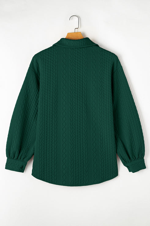 Blackish Green Cable Texture Puff Sleeve Loose Shacket