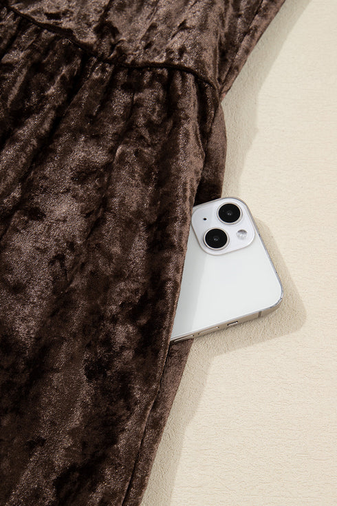 Coffee Plus Size Velvet Babydoll Mini Dress with Puff Sleeve