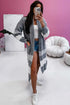 Gray Color Block Side Pockets Open Front Long Cardigan